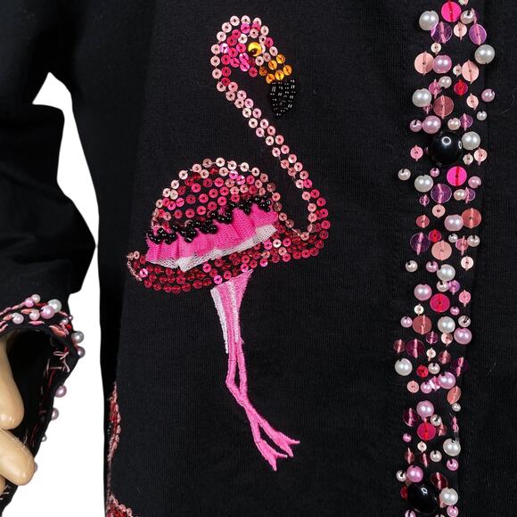 Michael Simon Event RARE Flamingo Sequin Embroidered Black Pink Cardigan SZ XL - Picture 4 of 10